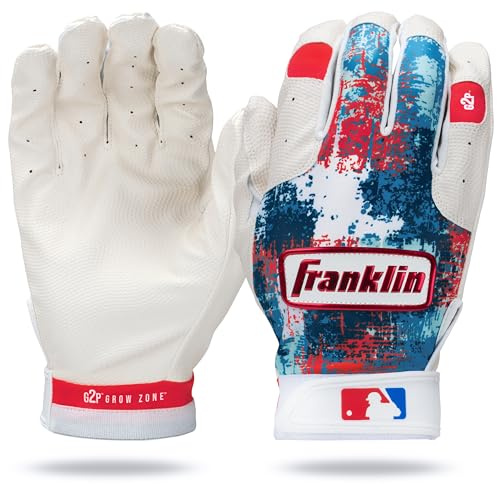 Franklin Sports MLB Youth Teeball Batting Gloves - Grow to Pro Kids Baseball + Softball Batting Gloves - Boys + Girls Pairs for Teeball, Baseball + Softball - Red/White/Blue - Youth XX Small