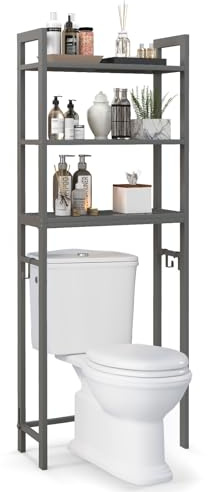 COSTWAY Over Toilet Storage Unit, Freestanding Bathroom Shelf Space Saver with 3-Tier Mesh Shelves and 3 Hooks, Metal Frame Tall Over The Toilet Rack Washing Machine Organizer Stand (Grey)