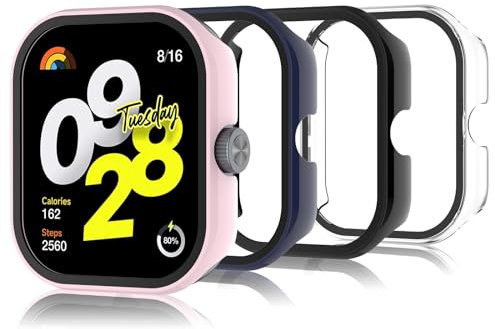Bigqin 4Pezzi Custodia Protettiva Compatibile con Xiaomi Redmi Watch 4, Custodia Rigida per PC con Proteggi Schermo, Custodia HD con Vetro Temperato - Trasparente Nero Blu Rosa