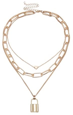 Sale Clearance Crystals Necklaces for UK Real Exaggerated Chain Retro Trend Multi Layer Sweater Chain Lock Shape Necklace Layer Chain Necklaces for Women St. Patrick's Day Necklace