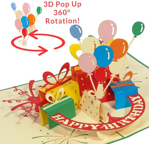 LINPOPUP 3D Pop-Up Grußkarten Geburtstag, XXL Geburtstagskarte mit drehenden Luftballons, Geschenk für Mann, Frau, Kinder, Freund und Kollegen, Geldgeschenk, Gutscheinkarte, N195