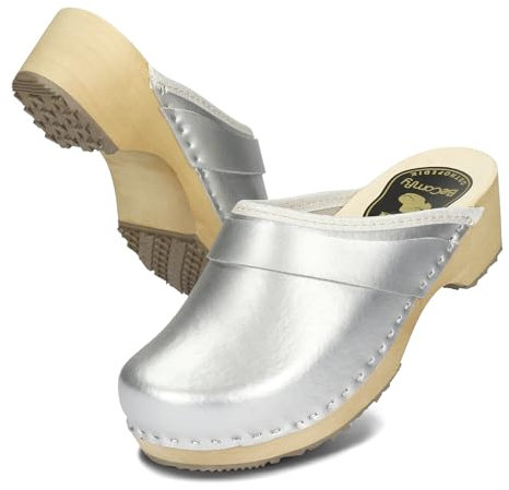 BeComfy Zoccoli da Donna con Suola in Legno Vera Pelle Metallizzato Oro Argento Rosa 35 36 37 38 39 40 41 EU (Argento, 39)
