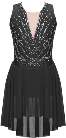CHICTRY Kürkleider Eiskunstlauf Kinder Mädchen Strass Glitzer Tanzkleid Ärmellos Tanzbody Patchwork Trikot Leotard Mit Chiffon Rock Dancewear Schwarz 158-164