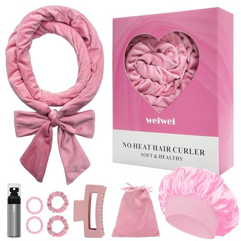 weiwei Lockenwickler Über Nacht, Samt Heatless Overnight Curls Band Locken ohne Hitze, 70 Haarwickler DIY Hair Curler Rollers Lockenband, 9 Stück Locken Set mit Schlafmütze für Langes Haar (Rosa)