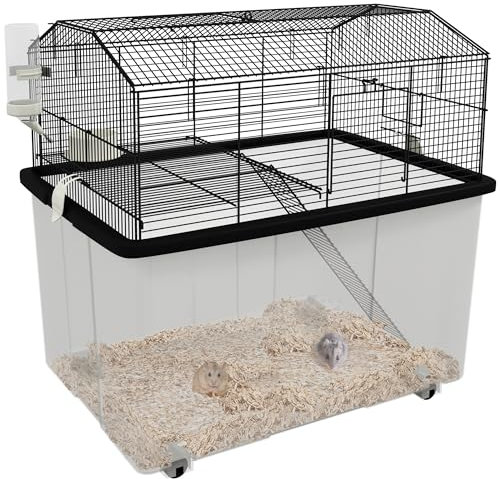 PawHut Hamsterkäfig, Nagetierkäfig, 2 Etagen, mit Rollen, Plattform und Leiter, für Hamster, aus Stahldraht, 57 x 43 x 57 cm, Schwarz