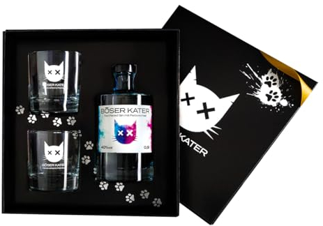 BÖSER KATER Magic Two Faced Gin mit Farbwechsel-Effekt von Blau zu Violett durch Tonic Water | Geschenkset mit 2 Gläsern | das perfekte Geschenk in hochwertiger Box | 0,5l 40% Vol.
