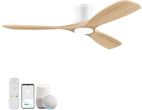 Livory 52” Wood Smart Flush Mount Ceiling Fans with Lights and Remote,Quiet DC Motor,Outdoor Indoor Ultra Low Profile Ceiling Fan works with Alexa WIFI APP,Modern White Ceiling Fan for Bedroom Patio