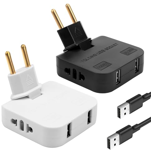 2er-Pack Flachsteckdosenleiste mit USB + USB-C-Adapter, schlankes Design für Orte ohne Platz (hinter TV, Bett), um 180 Grad drehbarer Kopf, amerikanischer und europäischer Adapter, 220 V