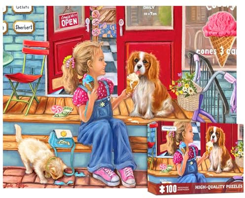 100 Teile Puzzles-Mädchen Teilen EIS mit Hund Katze 100 Teile Puzzles für Erwachsene, Hund Katze Puzzle 100 Teile Puzzles für Kinder Lustige Puzzles Kinder Puzzles Puzzles