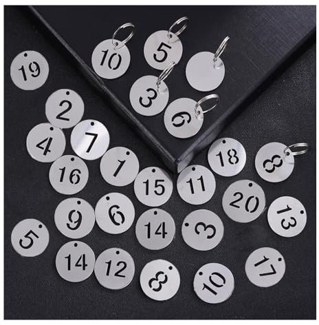 Esforzarse Lot de 20 étiquettes numérotées avec anneau porte-clés en acier inoxydable, plaque signalétique numéro ID rond porte-clés numérique câble (23 mm, argent)