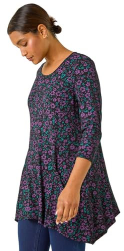 Roman Originals Swing Top with Pockets for Women UK Ladies Hanky Hem Asymmetric Tunic Blouse Longline Long Stretch Jersey Casual Round NeckTee Shirt T-Shirt - Purple Green - Size 14