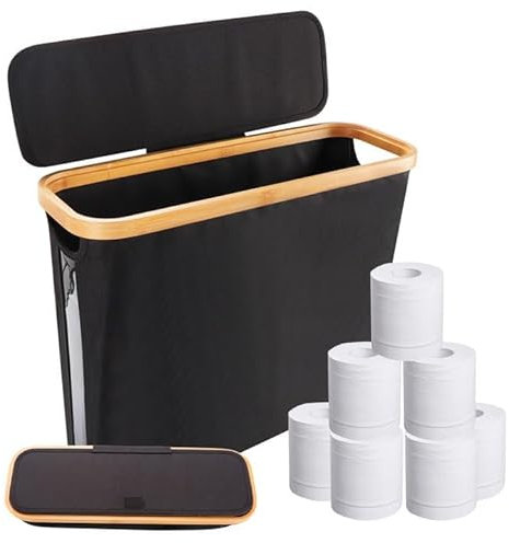 mumisuto Rangement Papier Toilette pour 9-12Rouleaux, Boîte de Rangement Pliable pour WC, Bambou Boite Rangement Salle de Bain avec Couvercle, Organisateur Salle de Bain, 43,5 x 14,5 x 35cm(Noir)