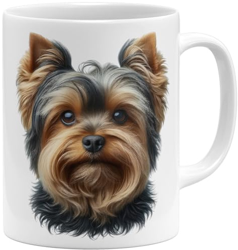 OM3® Taza de café con diseño de perro Yorkshire Terrier, Yorkie, perro, taza de cerámica, 325 ml, impresión por ambos lados, color blanco