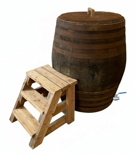 Tauchbecken 600 Liter Eisbad rustikal gebrauchtes Whiskyfass Saunatauchbecken optional Deckel, Hahn, Lärche Treppe (TBH600TreppeDeckelVA)