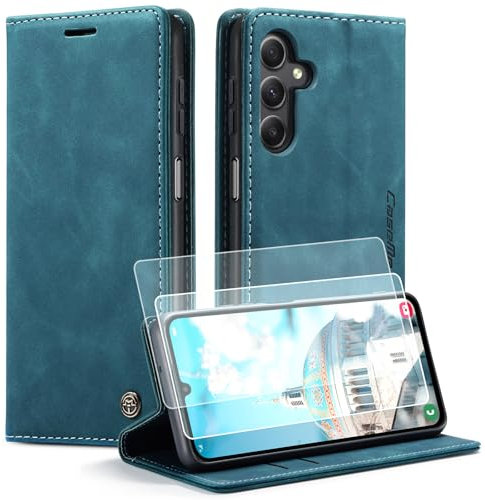 Yihaoyard Handyhülle für Samsung Galaxy A15 4G/5G Hülle Premium Klappbar Lederhülle Flip Case Handytasche Magnet Kartenhalter Standfunktion Klapphülle für Samsung Galaxy A15-2 Schutzfolie (Blaugrün)
