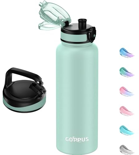 GOPPUS 1.2L/40oz Stainless Water Bottle with Straw Double Wall Insulated Bottles with Strap Large Vacuum Thermal Flask Leakproof Keep Cold Drinks Bottles with Flip Top Lid for Men Women BPA Free