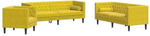 vidaXL Chesterfield Sofa Set mit Nackenrollen 3-TLG., Sofagarnitur mit Kissen, Sitzgruppe für Wohnzimmer, Polstersofa Couch Sessel, Gelb Samt