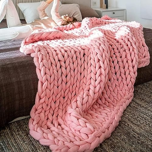 Grobstrick-Decke, handgefertigt, dick, ultraweich, für Sofa, Bett, gemütlich und warm, Grobstrick-Überwurf, Rosa, 100 x