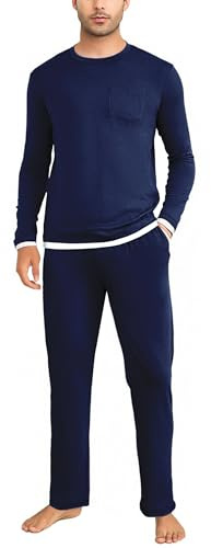 Litherday Pigiama Uomo Invernale Cotone Lungo Pajamas Due Pezzi Maniche Lunghe Pantaloni Lunghi Pigiami Morbido Loungewear con Tasche