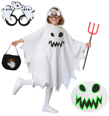 Meleager Deguisement Fantome Enfant, Costume Fantome Enfant avec Sac à Main, Fourchette du Diable et Lunettes Fantômes, pour Halloween, Carnaval, Fête à Thème