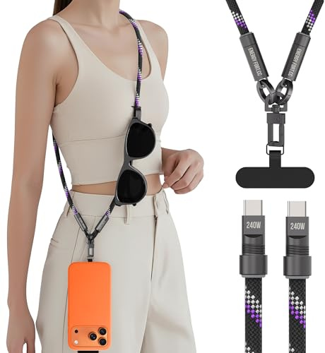 Sikai Crossbody Phone Lanyard Strap with Built-in 240W USB C Charger Cable for Samsung S25/24, iPhone 17/16/15, Anti-Theft Necklace Lanyard Strap with Reflective Strip USB Cable (1.2m)