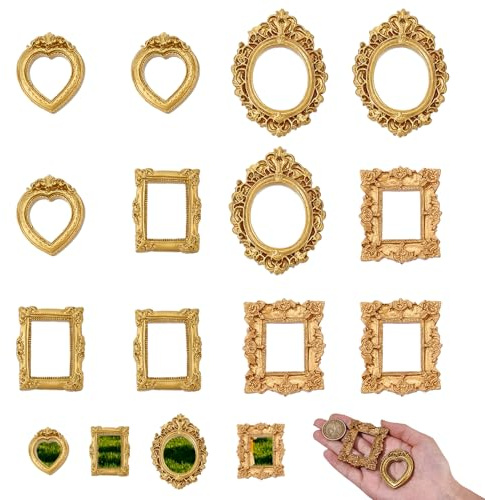 NICENEEDED Mini Vintage Resin Bilderrahmen, 12er Set Goldene Kleine Fotorahmen, Barockstil Bilderrahmen für DIY Schmuckdisplay Wand Tisch Dekoration