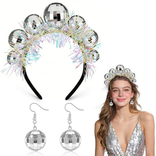Haarreif Discokugel Silber, Disco Kugel Haarreifen, Haarreif Fasching Damen, Discokugel Accessoires, Discokugel Kostüm Damen für Mottopartys der 70er, 80er, 90er Jahre, Silvester, Karneval (2PCS)