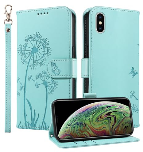 Trugox Wallet Case for Apple iPhone X/iPhone XS Phone Case Leather Dandelion with Credit Card Holder Purse Kickstand Folio Book Folding Flip Case Cover Women Shockproof - Green