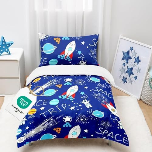 CINYE Blau Weltraum Motiven Raketen Kinderbettwäsche 2-teilig:Bettbezug 120x150cm + Kissenbezug 40x60cm, Für Jungen,Jugendliche,Kinder- Bettwäsche Set Mit Raketen, Astronaut Und Planeten - Microfaser