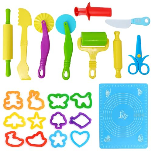 FuYelng 22 Stück Knete Zubehör Kinder Set mit 40 * 30 cm Silikonpad | Mehrfarbige Knetwerkzeug Knetzubehör ab 2 Jahre Knet Werkzeug Kinder DIY Knetmasse, Ideal für Zuhause und Kindergarten