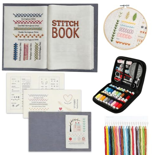 MinXin Embroidery Stitch Book, DIY Embroidery Kit, Stickbuch zum Selber Sticken, mit Schritt-Anleitungen für 143 Stiche, Gestalte Dein Eigenes Buch, Sticken für Anfänger, Erwachsene