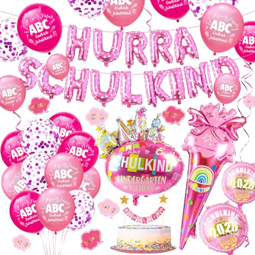 iZoeL Einschulung Deko Mädchen Schulkind Girlande Schultüte Folienballon | Einschulung Deko Set, Mädchen, Schulkind Girlande, 2026 Folienballon Schutüte, Luftballons, Zuckertüte, Schulanfang