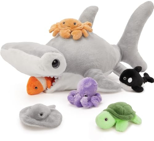 MaoGoLan Peluche Requin Marteau 60cm avec Poche à Fermeture Éclair - 1 Maman et 6 Bébés Animaux Marins à l'Intérieur, Doudou Câlin, Cadeau Anniversaire Noël Garçons Filles