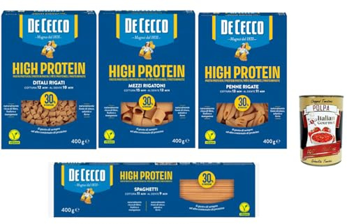 Italian Gourmet Bundle High Protein Pasta 4x 400 g (Spaghetti + Mezzi Rigatoni + Ditali Rigati + Penne Rigate) + Italian Gourmet Polpa – proteinreiche Pasta mit 30% Protein, Fitness Pasta Set