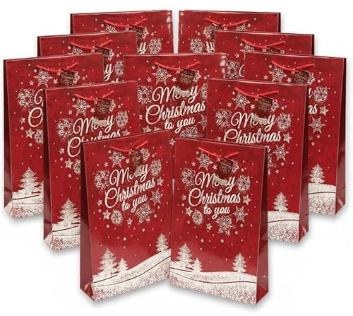 Bambelaa! 12 Stück Merry Christmas Geschenktüten Weihnachten Geschenktaschen Groß Papiertüten Weihnachtstüten 157 g Papier Rot Glänzend (Ca. 25x8,5x34 cm)