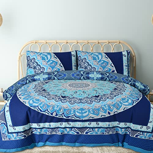 Sleepdown Duvet Cover Set - Blue - Paisley Mandala Geometric – Abstract Reversible Quilt Cover Easy Care Bed Linen Soft Cosy Bedding Sets with Pillowcases - Double (200cm x 200cm)