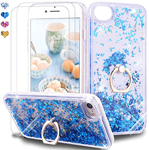 Feyten iPhone 8/ iPhone 7 Hülle mit Displayschutz [2 Stück], Glitzer Flüssig Treibsand Fließend Glitter Quicksand Schutzhülle Handyhülle mit Ring 360 Grad Ständer (Blau)