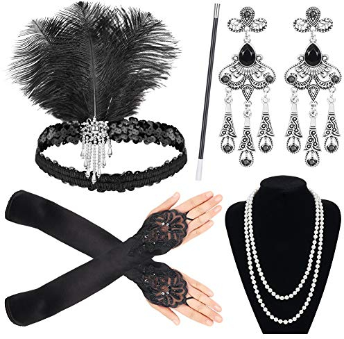 Sinoeem 1920s Kostüm Damen Flapper Accessoires Set 20er Jahre Halloween Kostümzubehör Inklusive Stirnband Halskette Handschuhe Ohrringe Gatsby Handheld-Requisiten Set (Set-5)