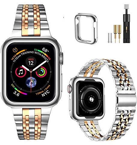 MioHHR Compatible with Apple Watch Strap 42mm 44mm 45mm, Solid Stainless Steel Metal Band for iWatch Series 9 8 7 6 5 4 3 2 1 SE Men and Women (Silver/Rose Gold)