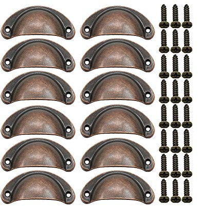 BOZONLI 12 Stück Muschelgriff Schubladen Griffe Vintage Muschelgriff Möbelgriffe für Schublade, Antik Schubladengriff mit Schrauben für Küche Kabinett Schubladen (Rote Bronze)
