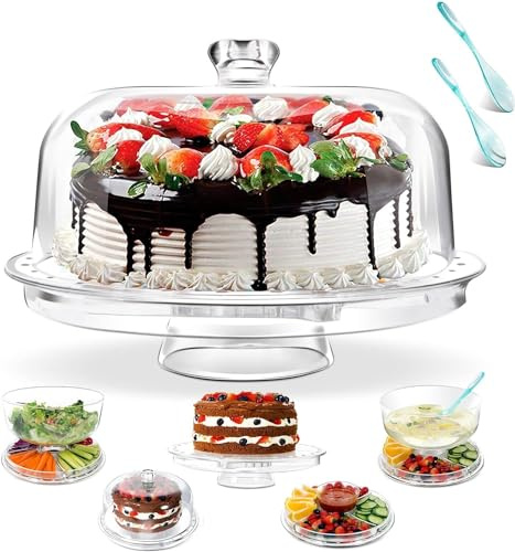 Myiosus Presentoir a Gateau sur Pied, Support Cloche à Gâteaux Couvercle Transparent Rond avec Plateau Réversible, Plateau a Gateau avec Cloche pour Salades, Fruit, Cuisine - Envoyer Salade Cuillère
