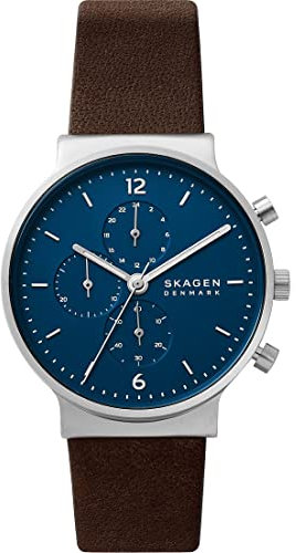 Skagen Herrenuhr Ancher Chronograph, QuarzChronographenwerk, 40mm Silberfarbenes Gehäuse aus recyceltem Edelstahl (mindestens 50%) mit einem EcoLederarmband, SKW6765