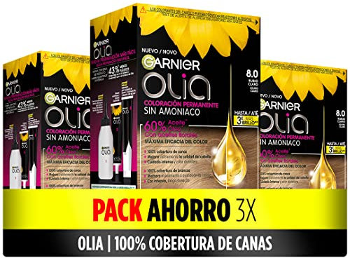 Garnier Olia Pack de 3 coloración permanente sin amoniaco para un olor agradable con aceites florales de origen natural, Color 8.0 Rubio claro, 3 Unidad (Paquete de 1)