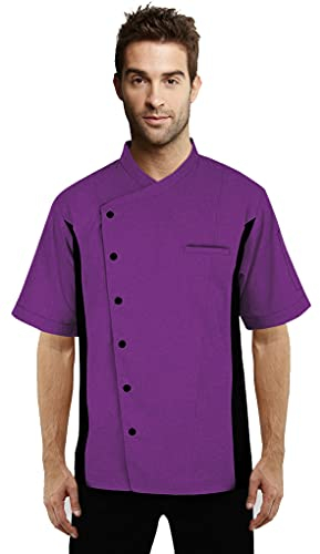 Uniformates Kurzarm-Kochjacke für Damen und Herren mit seitlichem Mesh und Druckknopfverschluss für Bäcker, Küchen und alle kulinarischen Profis (Violett, L)