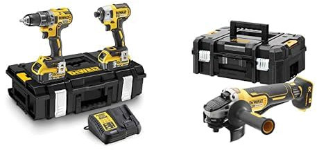 DEWALT - Kit 2 Outils avec Perceuse-Visseuse Percussion Compact DCD796 et Visseuse à Chocs DCF887, XR 18V, 5Ah & Meuleuse Brushless XR 18V 5Ah Li-Ion - Lame Ø125mm - Vitesse à Vide 9000tr/min - 1000W