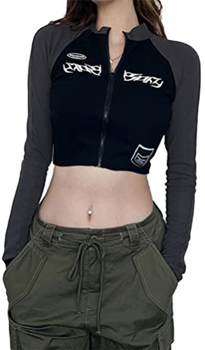 Onsoyours Damen Y2K Crop Top Sexy V-Ausschnitt Bauchfrei Langarm Slim Fit Strickpullover Vintage Langarmshirts Streetwear Oberteil mit Reißverschluss A5 Schwarz M
