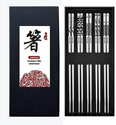 QMAHA Bacchette in acciaio inox, 5 paia di bacchette riutilizzabili, in metallo, lavabili in lavastoviglie, con incisione laser, set regalo per Natale/compleanno