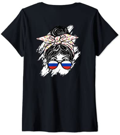 Damen Russland Unordentlicher Dutt mit Bandana Russische Flagge Sonnenbrille T-Shirt mit V-Ausschnitt