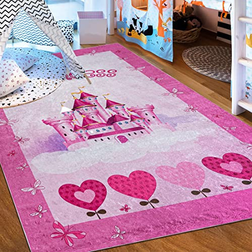 Mazovia Kinderzimmerteppich Antirutsch - Waschbar bis 30 Grad - Prinzessin Schloss - Kurzflor Kinderteppich Teppich für Kinderzimmer - ÖKO-TEX - Teppiche Mädchen Rosa Pink 120 x 170 cm