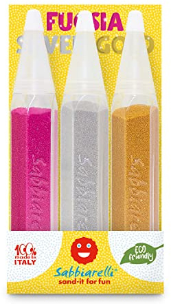 Sabbiarelli – Trio Elegance | 3 Farbsandstifte à 50 g | Nachfüllbare Farbsandstifte mit natürlichem, zertifiziertem Marmorsand | Farben Fuchsia, Silber und Gold | 100% Made in Italy
